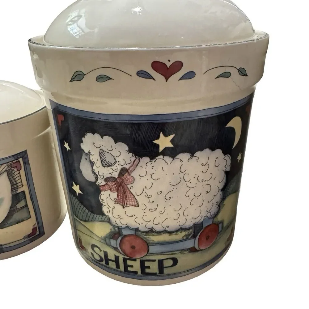 Susan Winget Farm Animals Canisters w/ Lids, Cow Sheep‎ Hen Vintage 3 pc